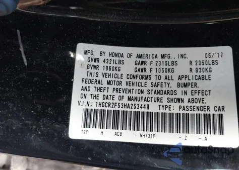 2017 Honda Accord Sport из США, поврежденный, VIN 1HGCR2F53HA253449